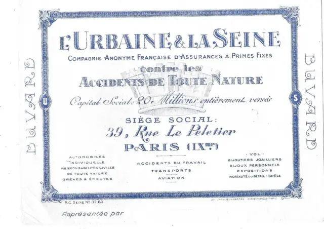 grand buvard publicitaire ancien thème assurances Urbaine et la Seine Melun