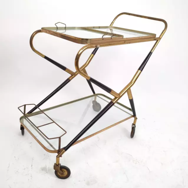Carrello porta vivande Vintage'50 design Italia ottone vetro rotelle -61R