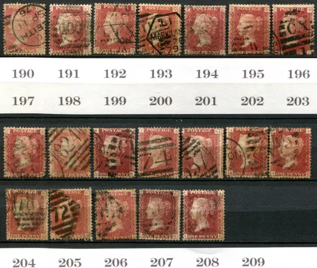 (708) 19 VERY GOOD USED SG43 QV 1d ROSE RED PLATES 190 - 208
