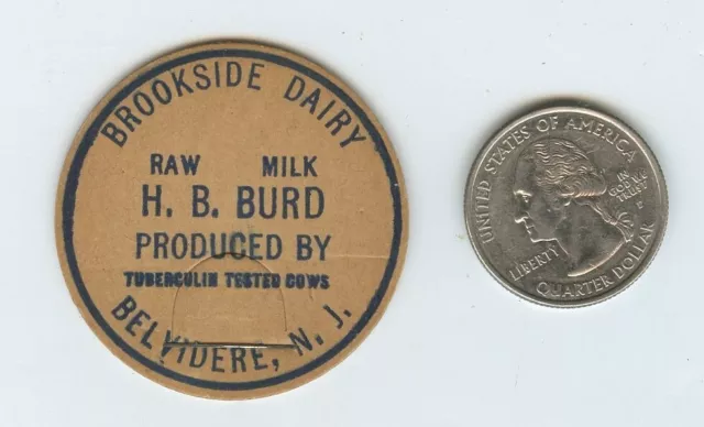 BROOKSIDE Dairy . H.B. Burd BELVIDERE New Jersey . Raw Milk Cap