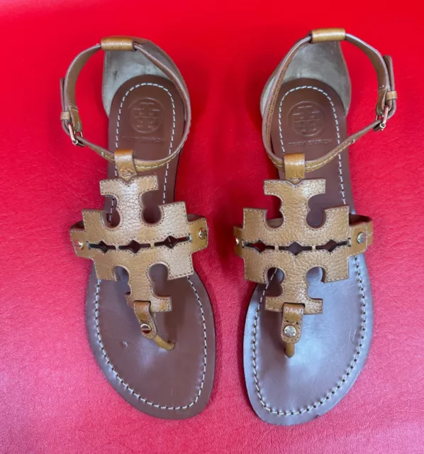 Tory Burch Phoebe Flat Thong Tumbled Leather Royal Tan Sandals Sz 9 FREE SHIP