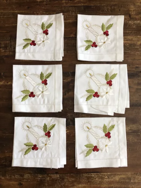 Christmas Embroidered Hem stitch Dinner Napkins 15 X 14 1/2 Cotton Set of 6 2