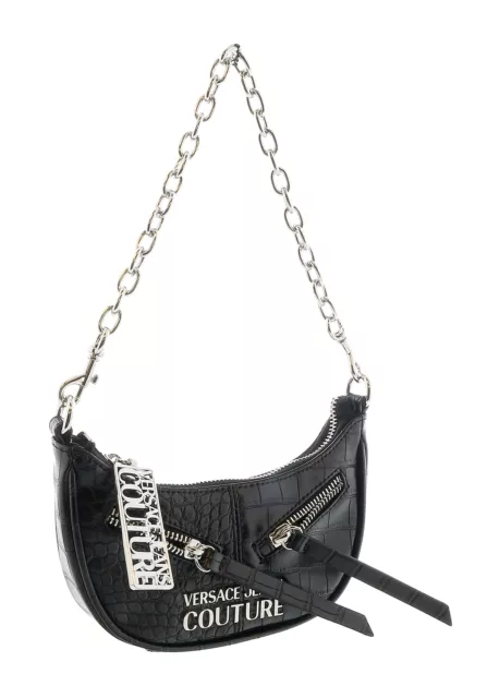 Versace Jeans Couture Black Half Moon Croc Embossed Zipper Hobo Bag