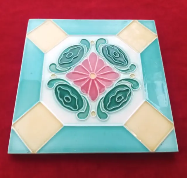 1 Piece Old Art Flower Design Embossed Majolica Ceramic Tiles Japan 0390 2