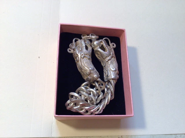 Vintage double dragon snake art woven Nickel silver bracelet 9” 74g