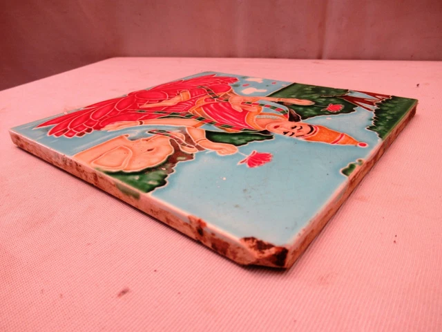Ancien Carreau Céramique Porcelaine Laxmi Raja Ravi Varma Peinture Objet Collect 3