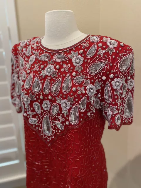 Vintage Lawrence Kazar Top Silk Red Sequin Evening Beaded Short Sleeve Blouse M