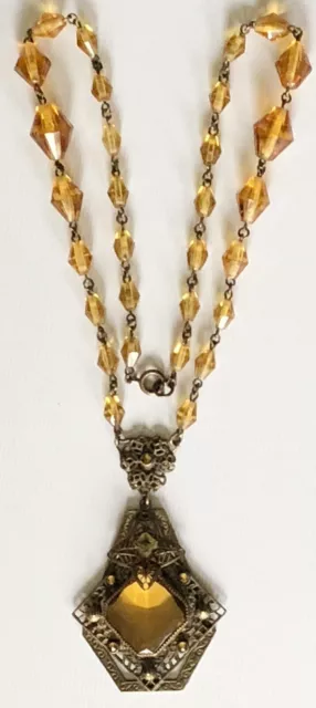 Vintage 1920 Art Deco Czech Czechoslovakia Amber Faceted Glass Pendant Necklace