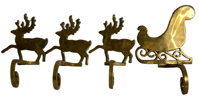 Vintage Reindeer Santa Sleigh Heavy Brass Stocking Hanger Holders Christmas