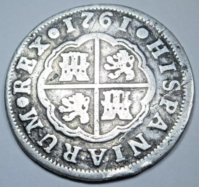 1761 Spanish Silver 2 Reales Genuine 1700's Colonial Cross Pirate Treasure Coin