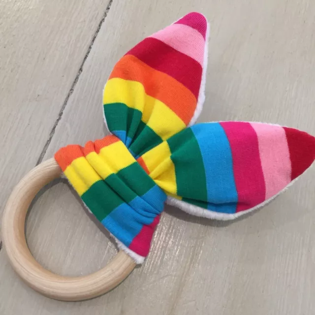 Rainbow -Natural Wood Crinkle Sound Bunny Ears Soother Ring Quality