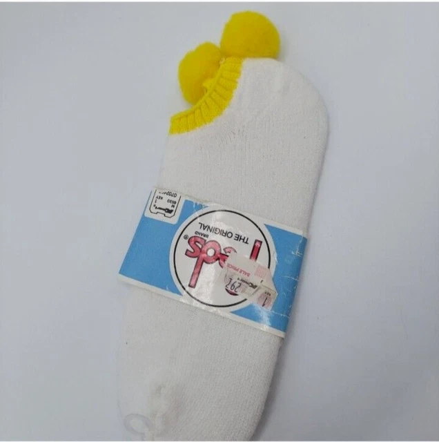 Vintage New! Keds White & Yelllow Pom Pom Terry Ankle Sporty Socks Size 8-9
