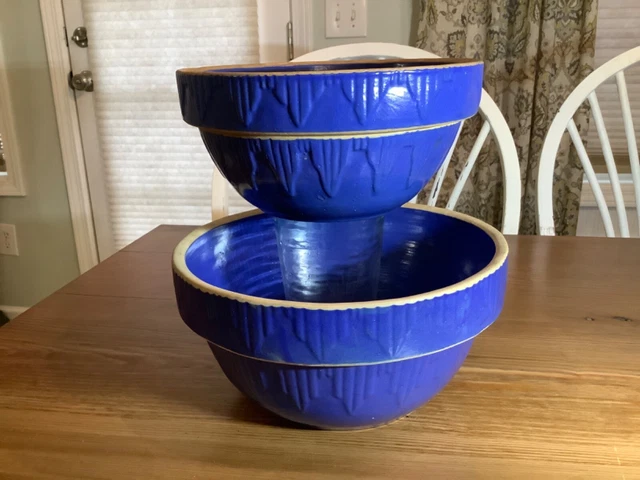 Set Of 2 Vtg Cobalt Blue Clay City Pottery Picket Fence Nesting Mixing Bowls