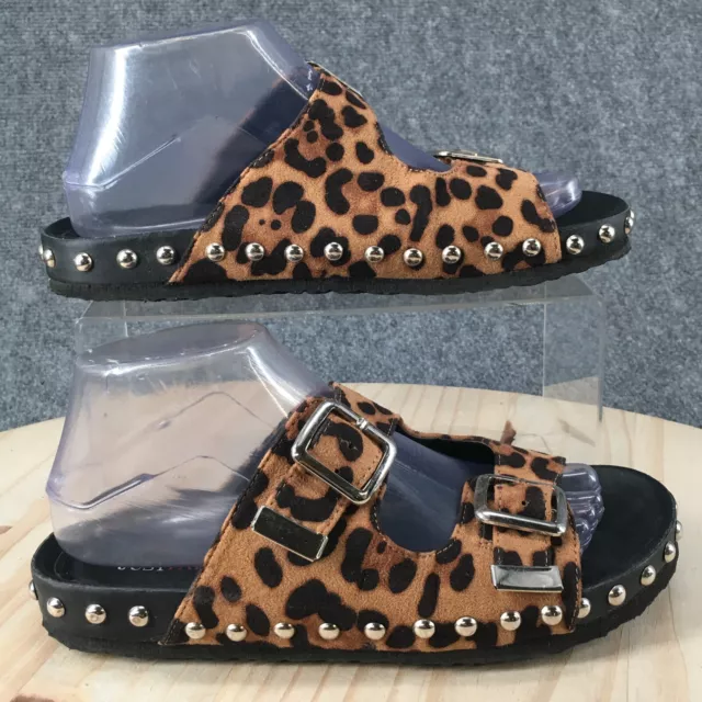 JustFab Sandals Womens 9 Bonnie Slide Strap Slip On Leopard Studded Brown Fabric