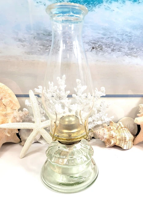 Antique Green Glass Kerosene Oil Lamp With New Eagle Burner And Chimney
