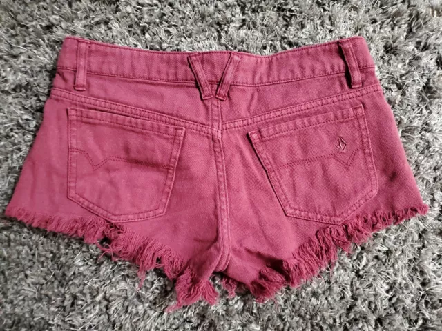 Volcom Yae Micro Cut Off Jean Shorts Size 0 Burgundy Denim 2" Inseam Frayed 2