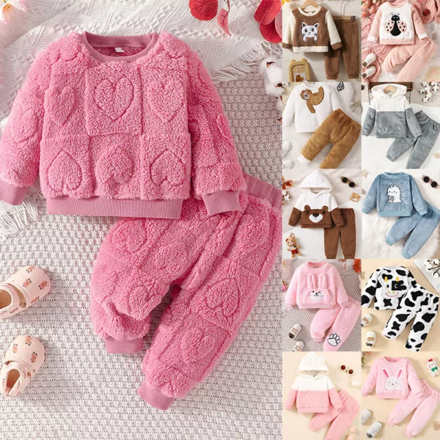 Toddler Baby Boys Girls Fleece Teddy Bear Tops Pants Outfit Set Kids Clothes PJs 3