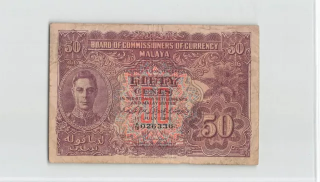 MALAYA 50 Cents 1941, P-10a First Text, A/12 026336. Original Circulated. A6