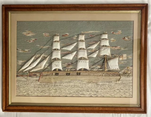 ANTIQUE early 19th Century SAILORS WOOLIE  Woolwork NAIVE Folk Art EMBROIDERY