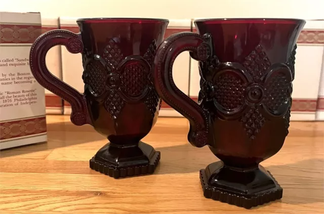 2 Vintage Avon Cape Cod Ruby Red Pedestal Mugs 5" tall