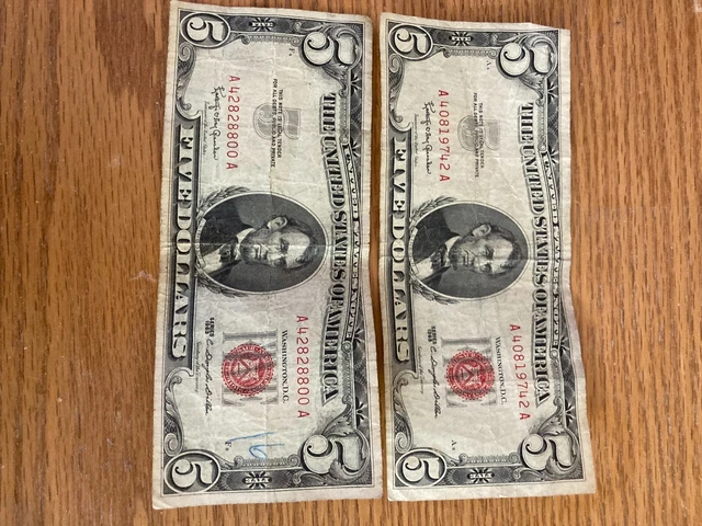  #2 1963 Five Dollar RED Seal Note United States Note Old US Bill $5 Good Circ,