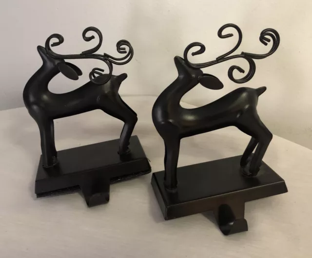 Vintage Lot of 2 Black Metal Deer Reindeer Christmas Stocking Holder Hanger 6.5"