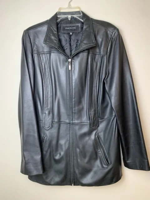 Jones New York Black Leather Jacket Womens Size L Lined 2 Pockets Zipper *Flaw