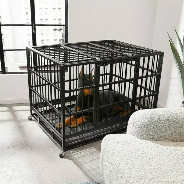 XXL Large Heavy-Duty Dog Cage Chew Proof Square Tube Metal Kennel Crate Wheeled