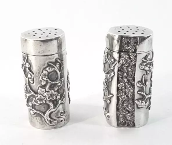 Fabulous Pr Chinese Export 900 Silver Cherry Blossom & Trunk Pepperettes 83.8g