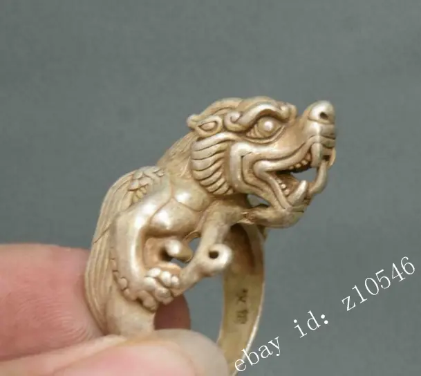 4CM Old Chinese Miao Silver Dragon Beast Head Pixiu Jewellery Luck Hand Ring