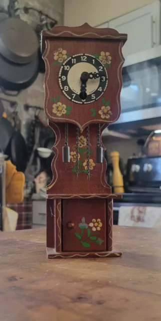 Vintage Wooden Mini Hand Painted German Dollhouse Grandfather Wind Up Clock