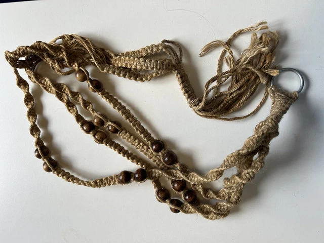Vintage Macrame Plant Hanger Chunky Wood Beads 60” Flower Pot Holder 1970s Boho