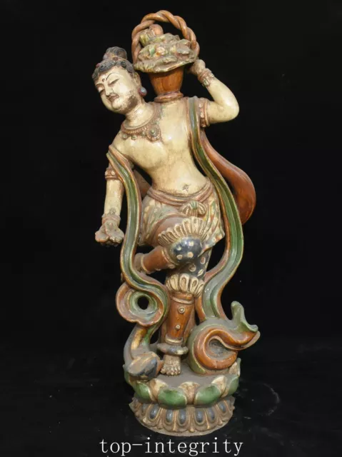 18.8" Old Tangsancai Porcelain Ancient Belle Beauty Flower Basket Dancing Statue