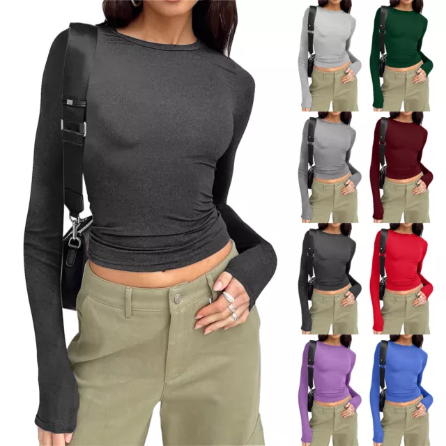 Women’s Slim Tops Long Sleeve Round Neck Crop Top Tee Shirt Basic Solid Pullover