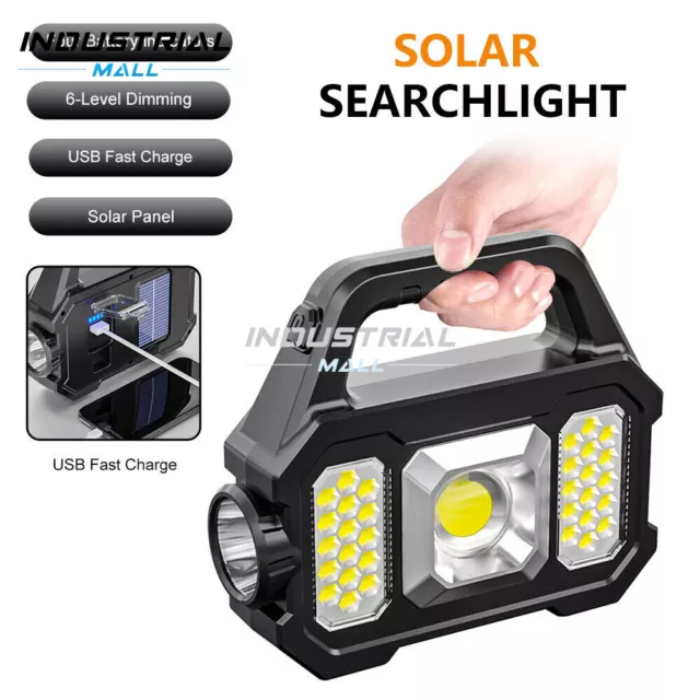 Solar Searchlight COB LED Spotlight Rechargeable Flashlight Torch Power Bank NEW