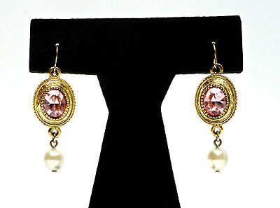 Pink Crystal Earrings with Faux Pearl 2" Drop Renaissance Style Drop Gold Tone