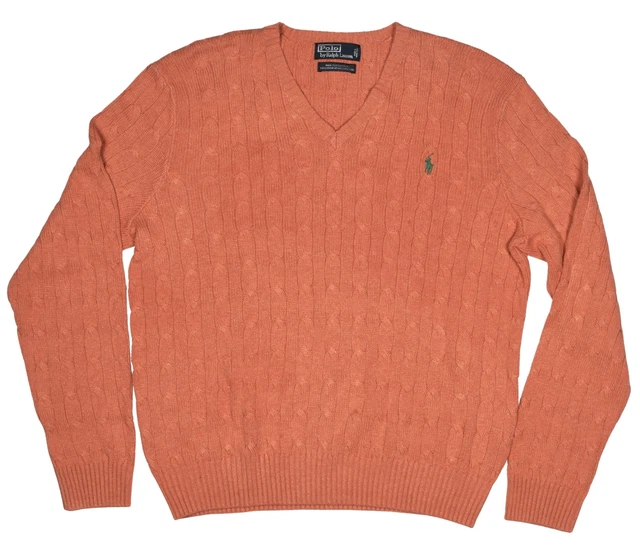 Vintage Polo Ralph Lauren Maglione Uomo XL Arancione Tussah Seta Treccia Doppia 2