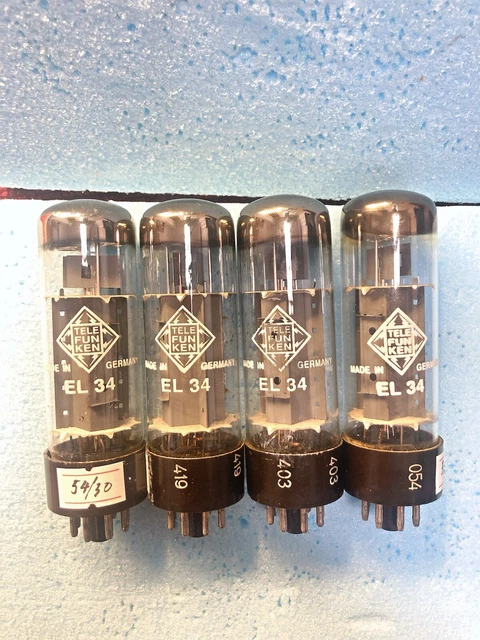 Telefunken EL34 6CA7 Brown Base OO getter, Wing plates NOS Matched Quad Telefunken EL34 6CA7 Brown Base OO getter, Wing plates NOS Matched Quad