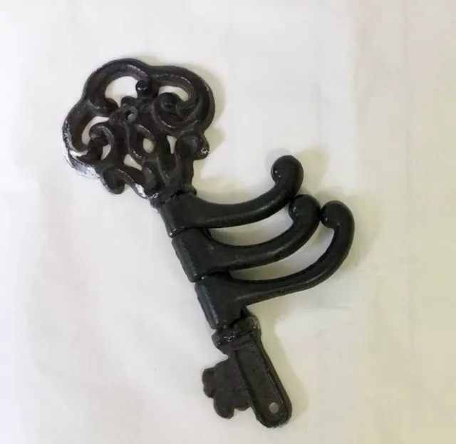 Vintage Cast Iron Key Shape Hanger w 3 Swing Arm Hooks 8 in Sturdy Rustic Ranch