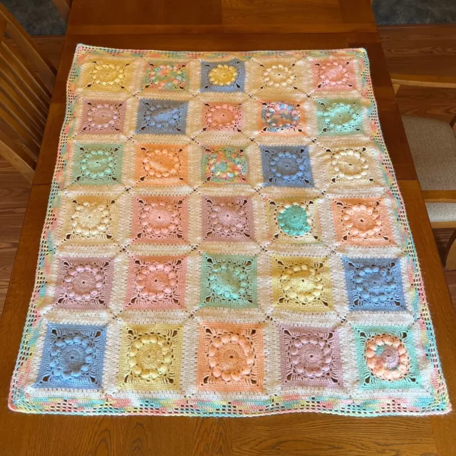 Handmade Crochet Afghan Knitted Baby Granny Square Mult-Pastel Colors Blanket