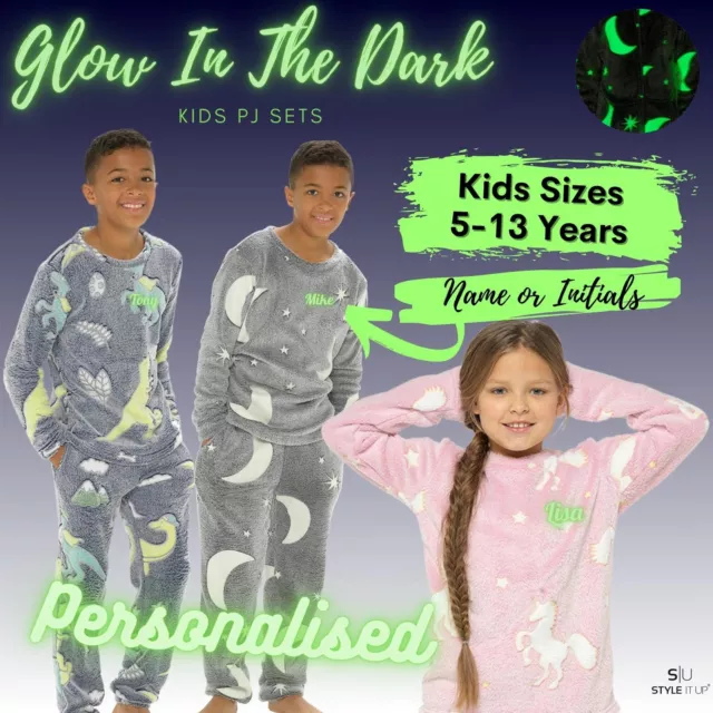 Personalised Kids Boys Girls Glow In The Dark Pyjama Set Soft Warm Fleece PJ