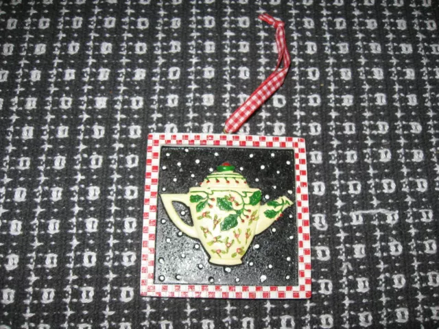 MARY ENGELBREIT Square Christmas Ornament Teapot w/ Checkered Border Frame