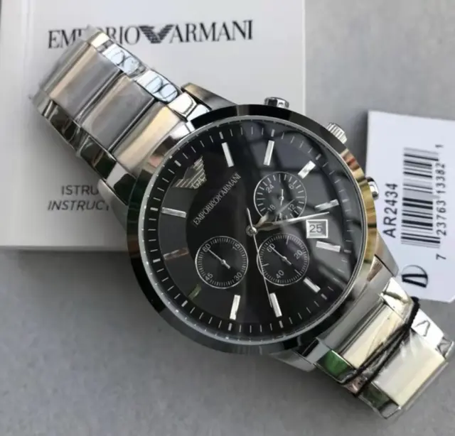 Emporio Armani AR2434 Herrenuhr Chronograph Edelstahl Silber Armbanduhr Datu New