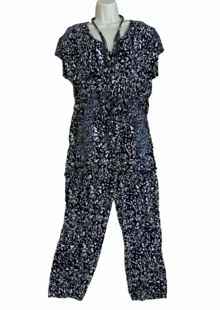 MONSOON M (12/14) Vgc Blue/Green Print Wide Leg Crop Jumpsuit/All In One