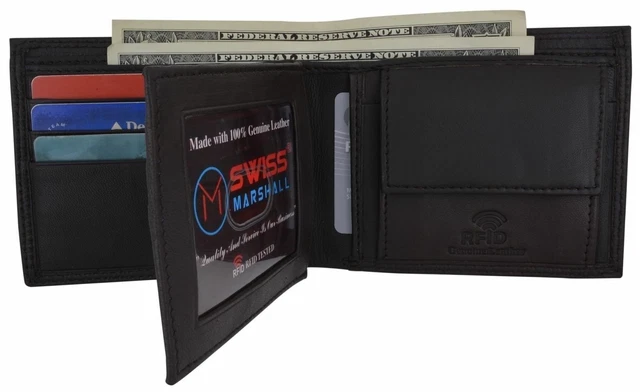 Mens Genuine Leather Black Flap Credit Card ID Holder Slim Bifold Wallet