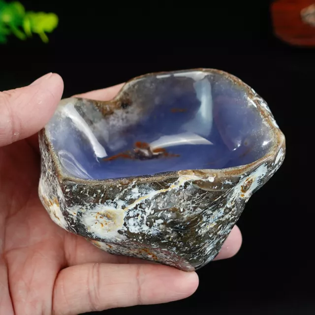 3.9" 3.7" Natural Blue Chalcedony Hand Carved Bowl Home Decor Reiki Healing
