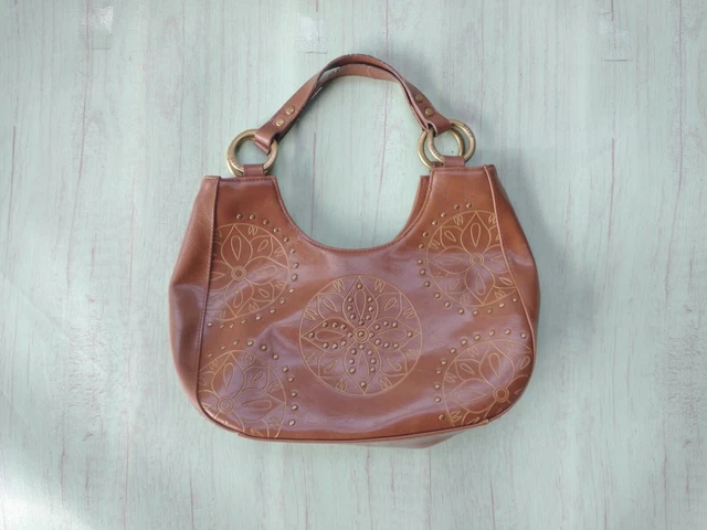EUC BISOU BISOU Studded LEATHER  Brass circles Sm Shoulder Handbag