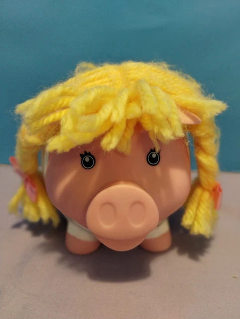 Old Navy Blond Girl Piggy Bank Yellow Yarn Hair Pink Ribbons
