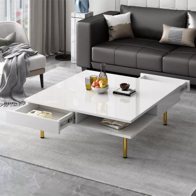 Modern High Gloss Coffee Table Square Center Cocktail Table w/ 2 Storage Drawers