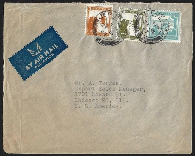 Palestine To Us 1947 Jerusalem Cover Tricolor Franking W/Hi Value 100 Mils 20 +5